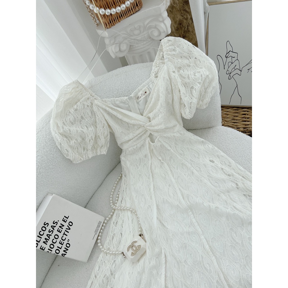 ĐẦM MIDI TRẮNG CUT OUT BỤNG XOĂN REN HOA