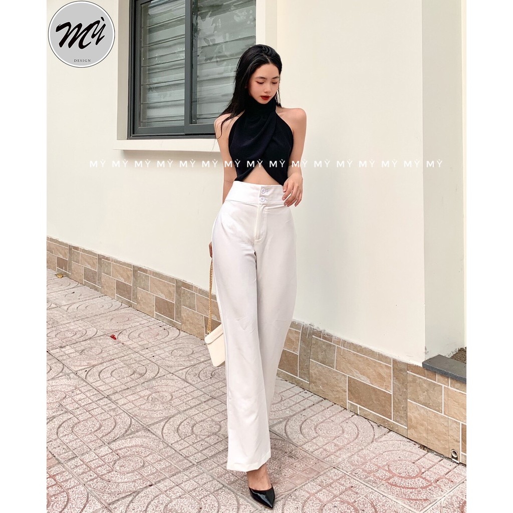 Áo Kiểu Hở Lưng Cổ Yếm Freesize Dưới 55kg Chất Đũi Nhăn Màu Đen  Phối Quần Ôm Ống Loe Chất Cotton Lanj