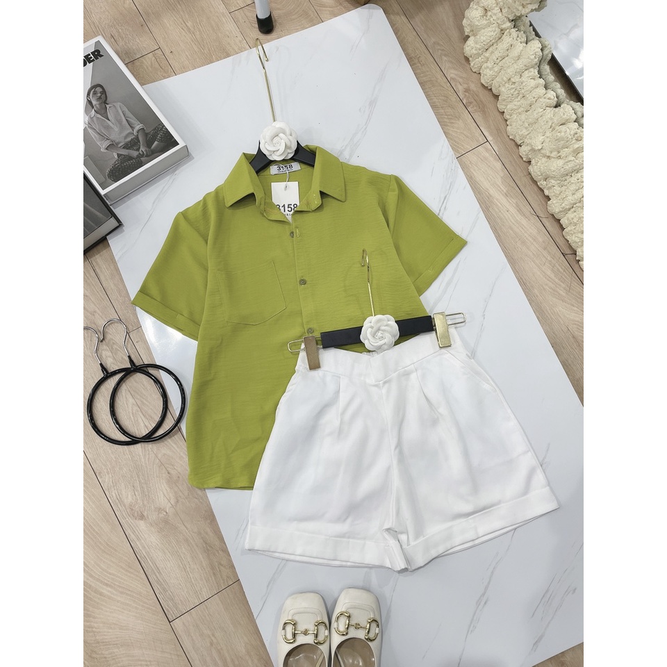 Set sơ mi xanh cốm quần short đùi siêu hót LT583