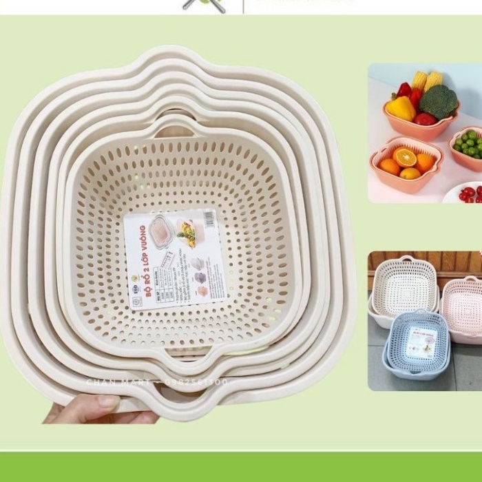 Rổ nhựa chữ nhật kèm chậu loại To bộ 6 món Chất liệu nhựa ABS hàng cao cấp