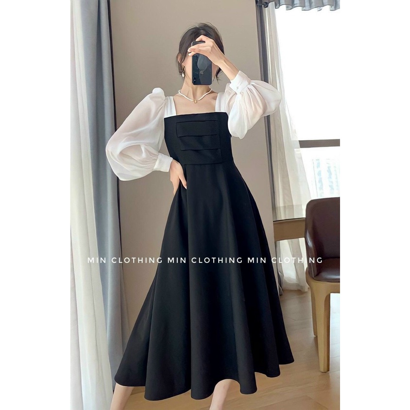 [8.8 Sales Freeship] Đầm đen tiểu thư tay phồng, đầm cổ vuông nhún ngực dáng xòe dài phong cách hàn quốc