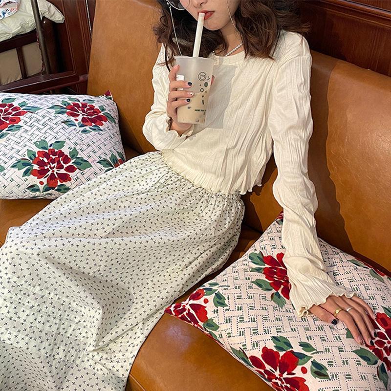 ✤♂✧Áo dài tay cổ tròn màu trơn thiết kế xếp ly phong cách Retro Pháp