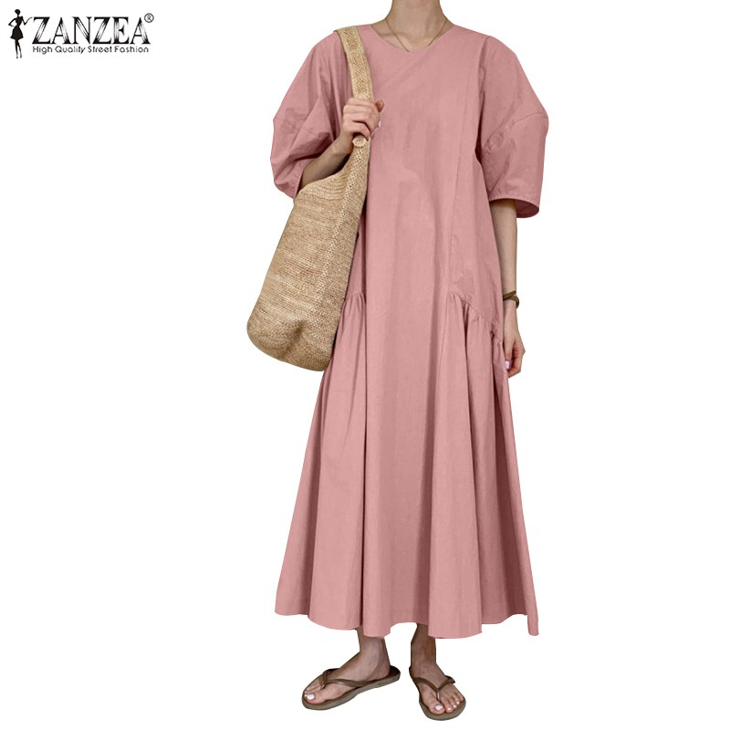 ZANZEA Đầm Tay Lỡ Cổ Tròn Dáng Dài Phong Cách Hàn quốc Thời Trang Nữ | BigBuy360 - bigbuy360.vn