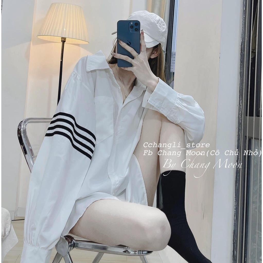 Áo Sơ Mi Nữ  Form Rộng Hàn Quốc 3 Sọc Tay Dày Mịn Thoáng Mát Thiết Kế Thời Trang