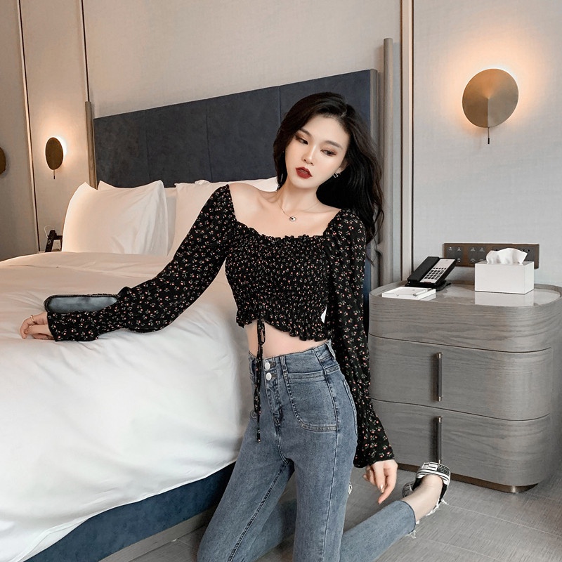 IELGY Áo Sơ Mi chiffon Cổ Vuông Viền Gỗ Dài Tay Phong Cách vintage Cho Nữ