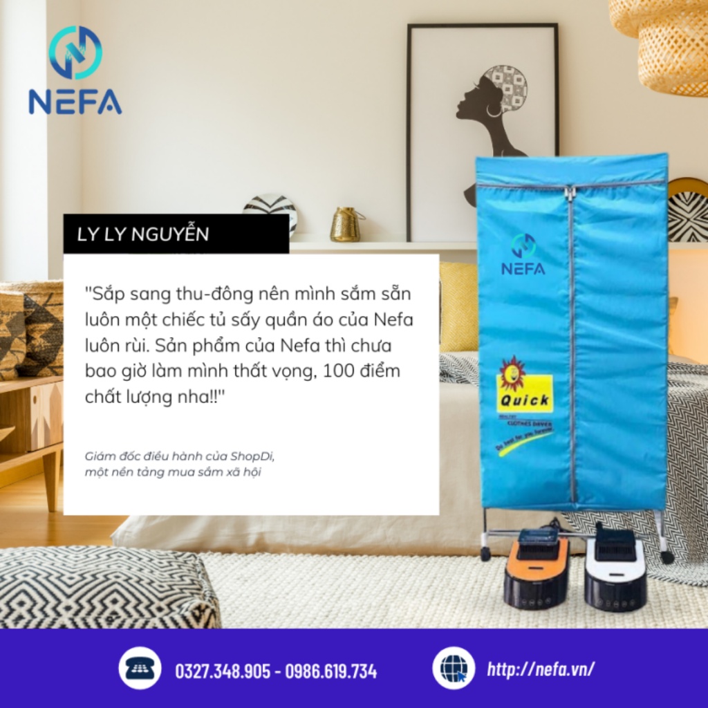 Tủ sấy quần áo cơ NEFA và LIOLUX, sấy khô tức thì, chống nhăn, không để lại mùi hôi, gọn nhẹ, BH 12 tháng