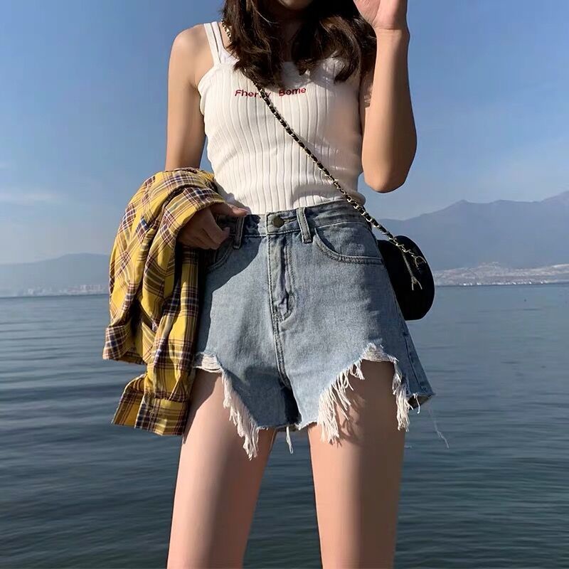 Quần Short Denim Lưng Cao Dáng Chữ A Ống Rộng Thời Trang Mùa Hè Phong Cách Hàn Quốc Mới Cho Nữ