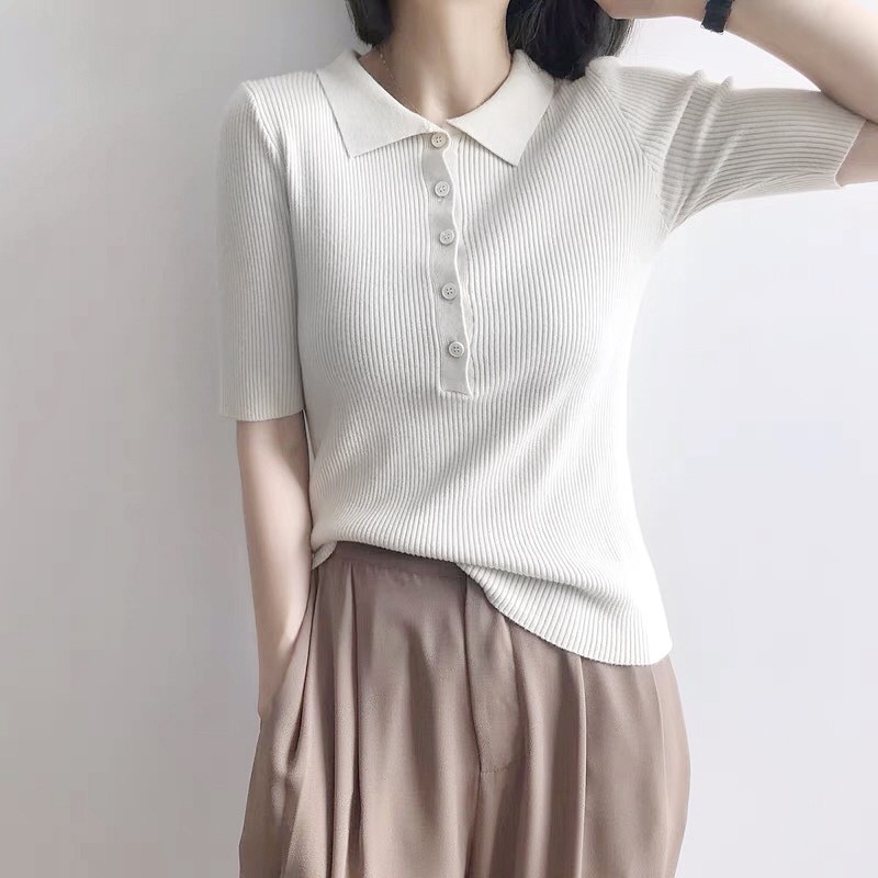 Áo thun gân nữ tay ngắn cổ polo 5 nút - AT2100 | BigBuy360 - bigbuy360.vn