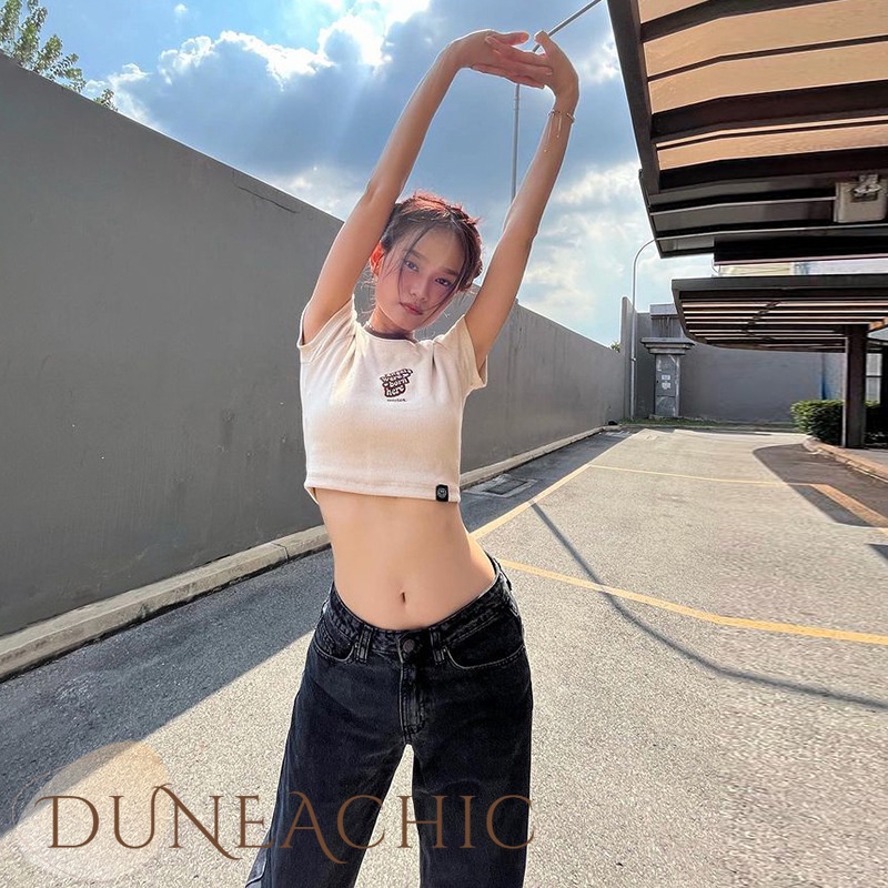 DUNEA Áo thun lửng tay ngắn cổ tròn in chữ quyến rũ hợp thời trang dành cho nữ