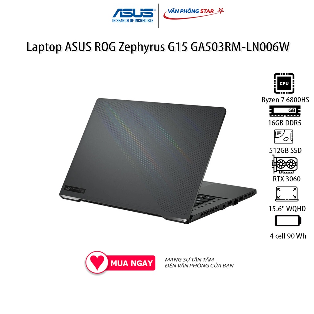 Laptop ASUS ROG Zephyrus G15 GA503RM-LN006W (15.6&quot; WQHD/ 240Hz/AMD Ryzen 7 6800HS/16GB/512GB SSD/NVIDIA GeForce RTX 3060