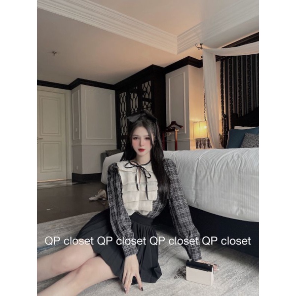 Áo sơmi kẻ bèo nơ ngực hàng L1