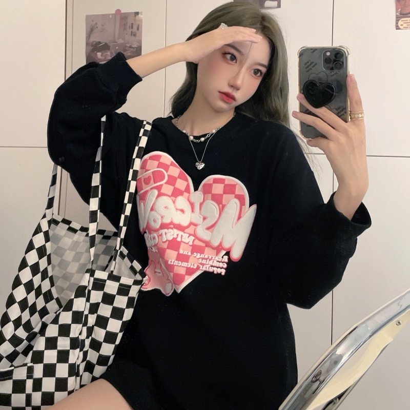 Áo Nỉ Cổ Tròn In Hình Trái Tim Ca Rô Thời Trang Dành Cho Nữ | BigBuy360 - bigbuy360.vn