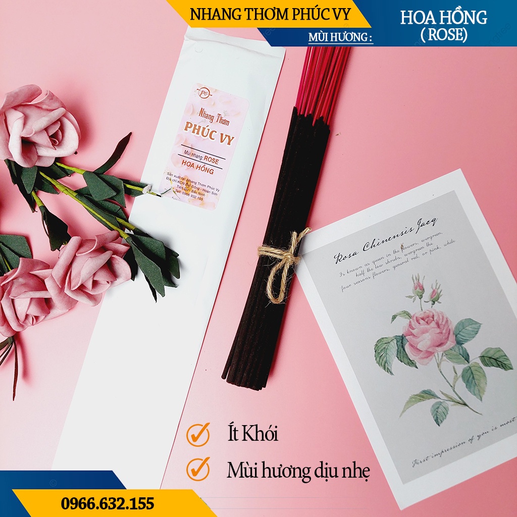 Nhang Thơm Phúc Vy Hương Hoa Hồng Rose - Túi 39 Cây 28cm, Ít Khói, Thơm Nhẹ, Dễ Chịu, Không kích mũi