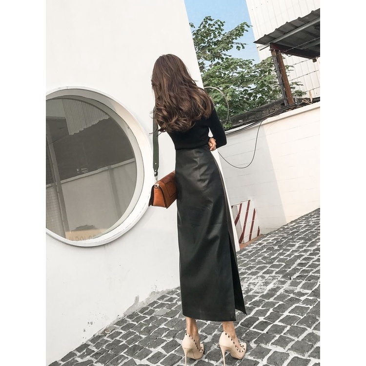 Chân Váy Da Dáng Dài Ôm Hông Xẻ Tà Một Bên Eo Cao Thời Trang Xuân Thu 2022