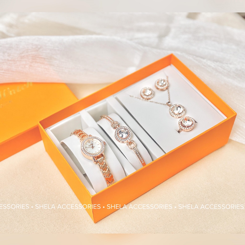 Đồng hồ nữ chính hãng set 5 món dây kim loại mặt tròn đính đá cao cấp chống nước 3ATM làm quà tặng đẹp LUSHIKA LK03