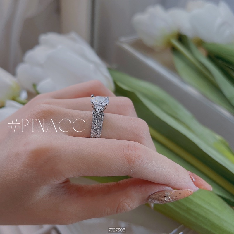 Nhẫn xi bạch kim đơn giản, nhẫn nữ đá tròn basic .PTNACC.