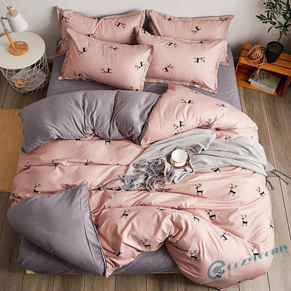 ღCM  4pcs Bedding Set Deer Printing Quilt Duvet Cover Flat Bed Sheet Pillowcase