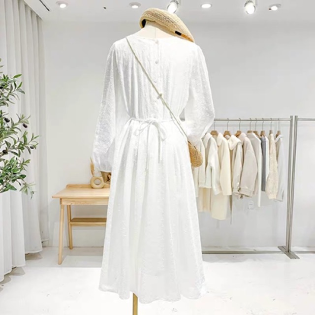Váy thô trắng hoa nhí nơ hông MS2433