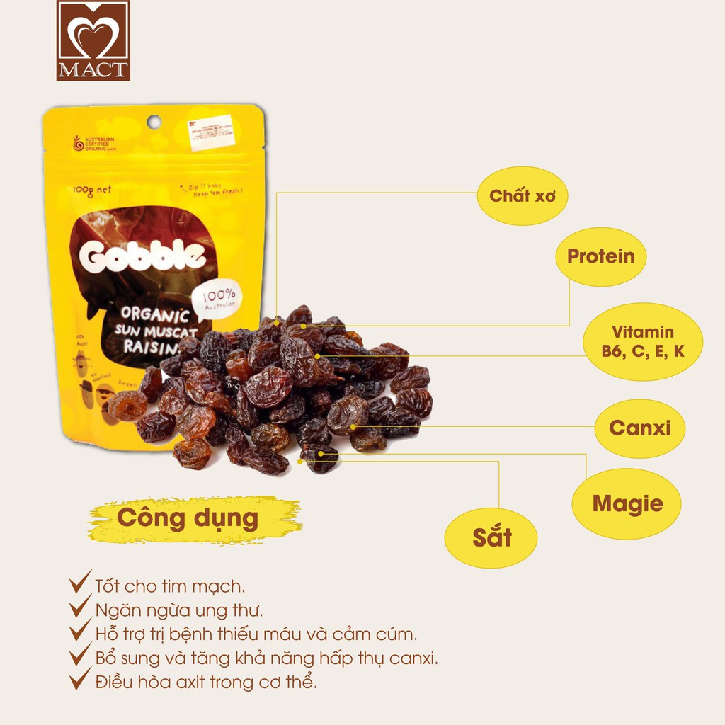 Nho khô hữu cơ GOBBLE ORGANIC SUN MUSCAT RAISINS - dẻo, ngọt vừa - túi 100g