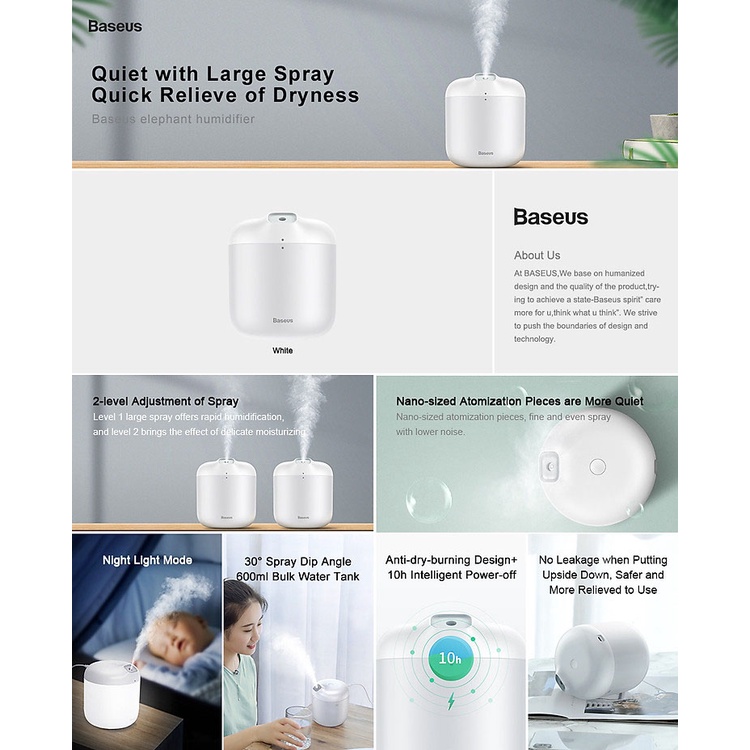 Máy phun sương tạo ẩm Baseus Elephant Humidifier (600ml , Air Diffuser, Large Spray with LED Night Light