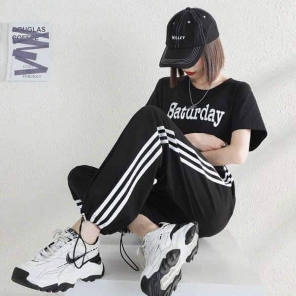 Quần jogger thể thao ống rộng 3 sọc suông nữ dây rút gấu vải Umi dày, quần jogger nữ chất vải mềm có túi viền kẻ trắng