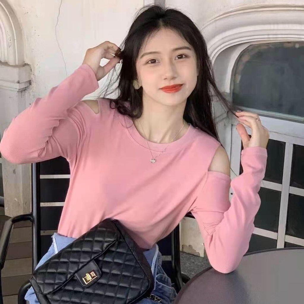 Áo Thun Đen Tay Dài Hở Vai Dáng Ôm Thời Trang Mùa Thu Cho Nữ