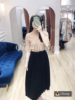 Chân váy midi xếp ly kèm belt