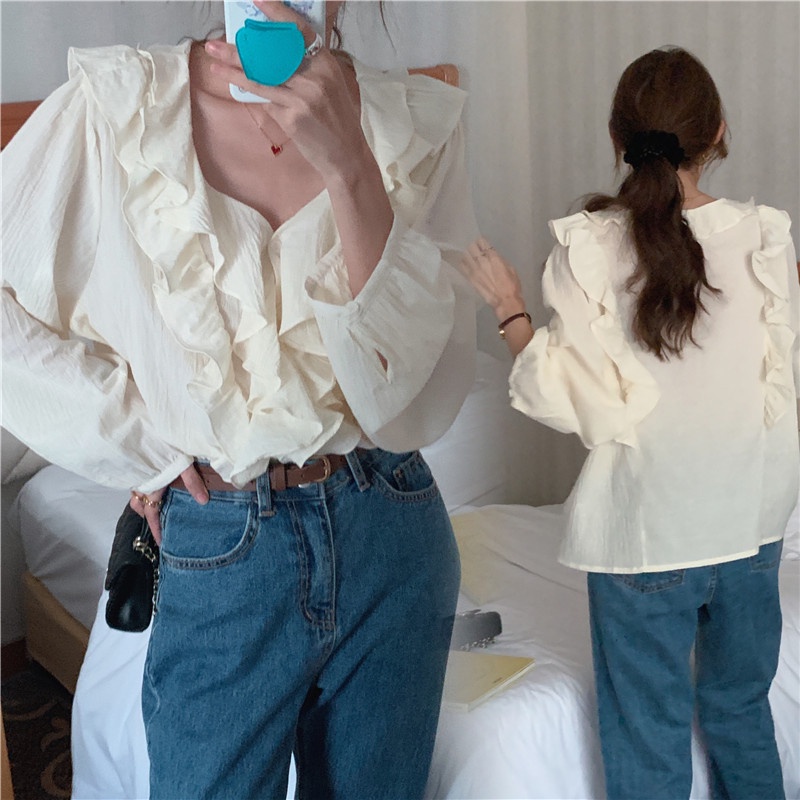 SUXI Áo Sơ Mi Tay Dài Cổ Chữ V Màu Trơn Thời Trang Hàn Quốc