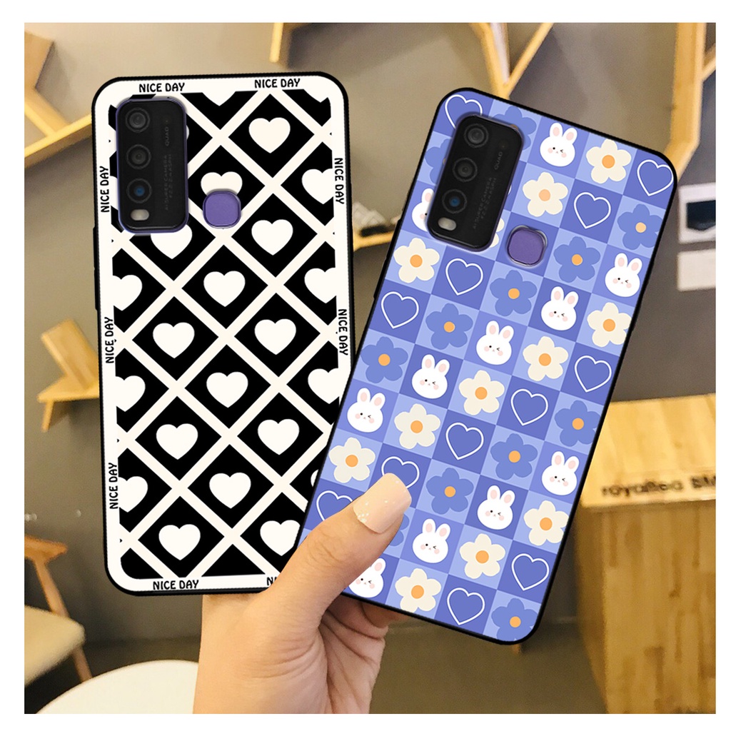 Ốp lưng Vivo Y30 - Vivo Y50 in hoạ tiết caro trái tim đen trắng, gấu bear cute đáng yêu