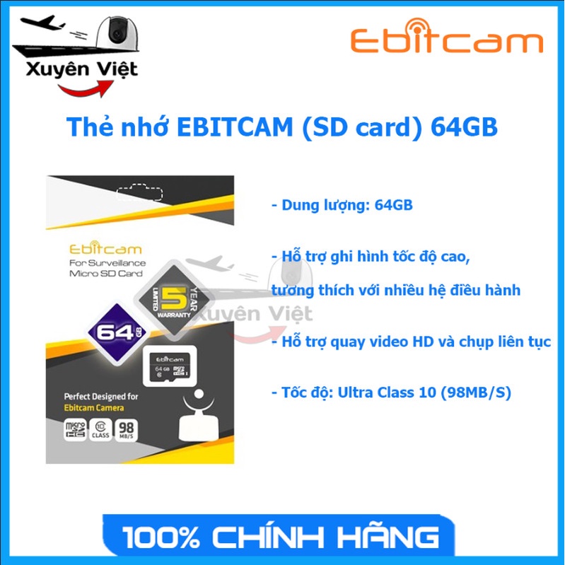 Thẻ nhớ EBITCAM  64GB - Ghi Hình Tốc Độ Cao,Tương Thích Nhiều Hệ Điều Hành,Tốc độ: Ultra Class 10