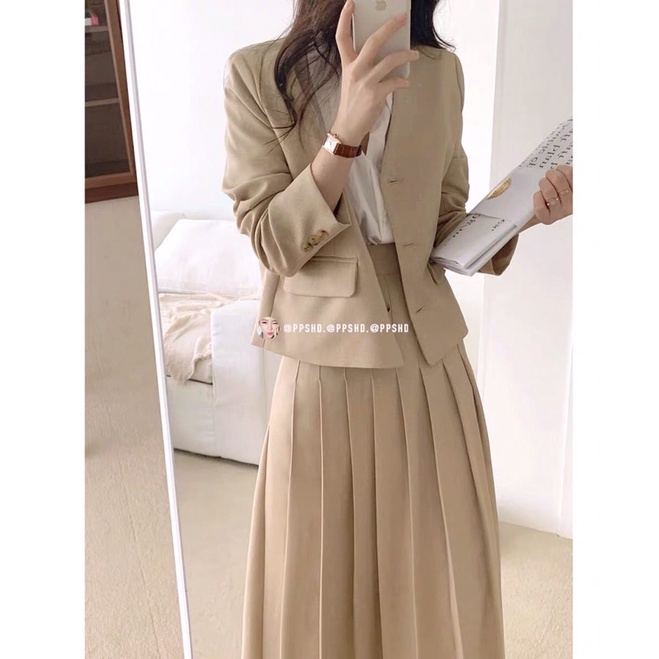 Set áo blazer chân váy midi xếp ly