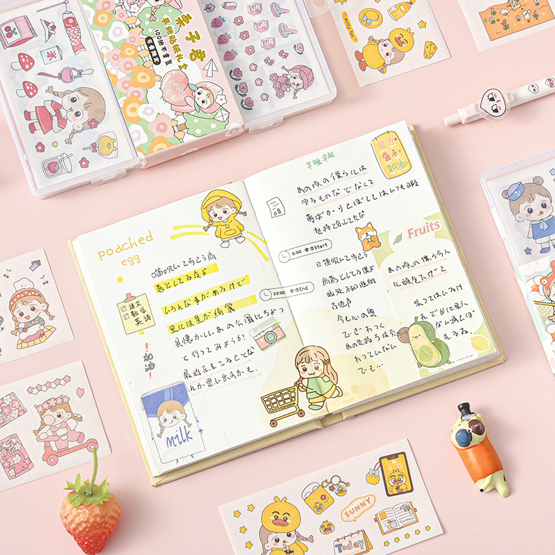 Hộp 100 tờ nhãn dán họa tiết bé gái hoạt hình đáng yêu trang trí sổ tay sổ lưu niệm DIY