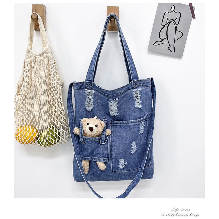 Túi Đeo Vai Vải Denim Sức Chứa Lớn Mẫu 2022 Mới In Họa Tiết Gấu Dễ Thương Cho Học Sinh