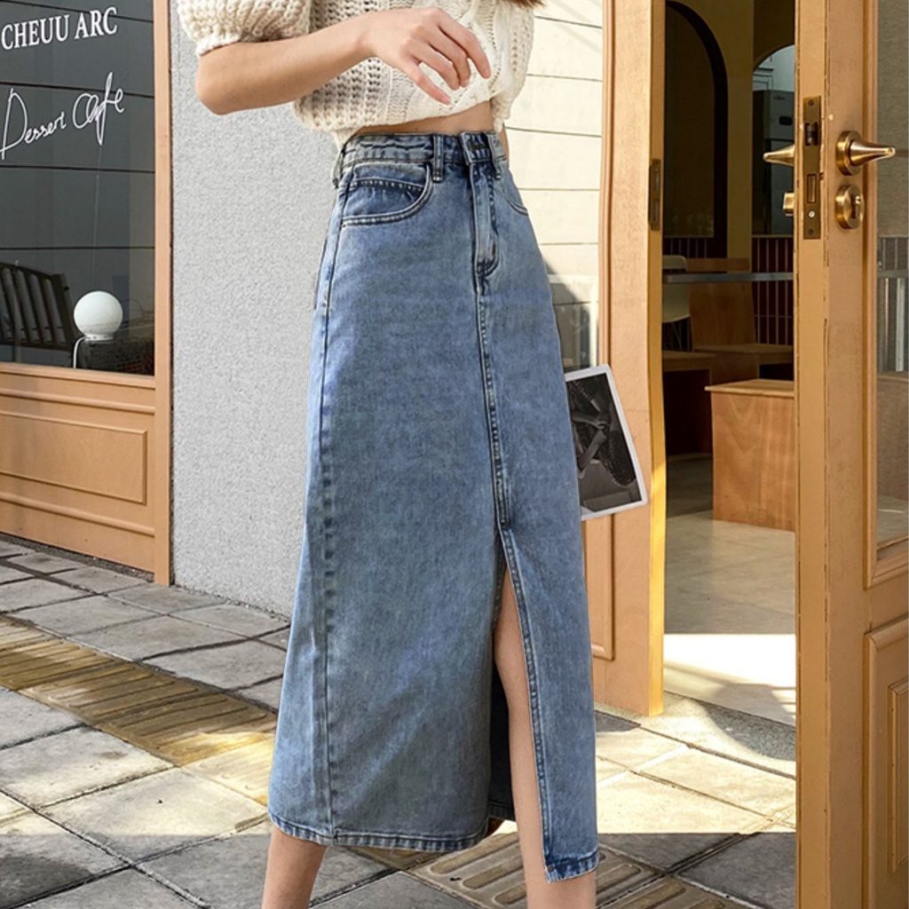 Chân Váy Midi Chữ A Eo Cao Xẻ Tà Retro Hàn Quốc Mới Mùa Hè Cho Bạn Gái