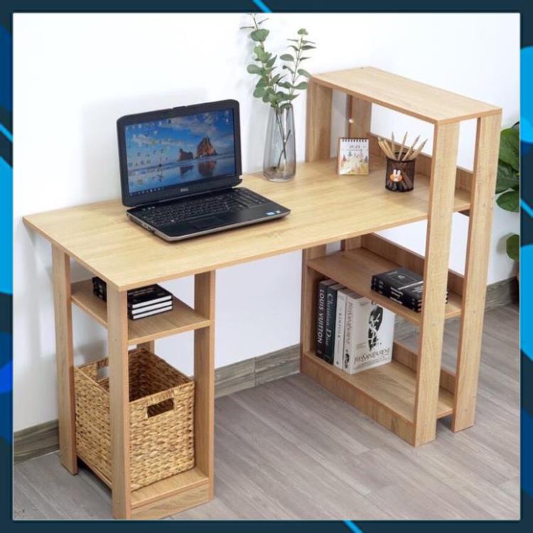Bàn làm việc , bàn học dáng chữ L kèm giá để sách tiện lợi .