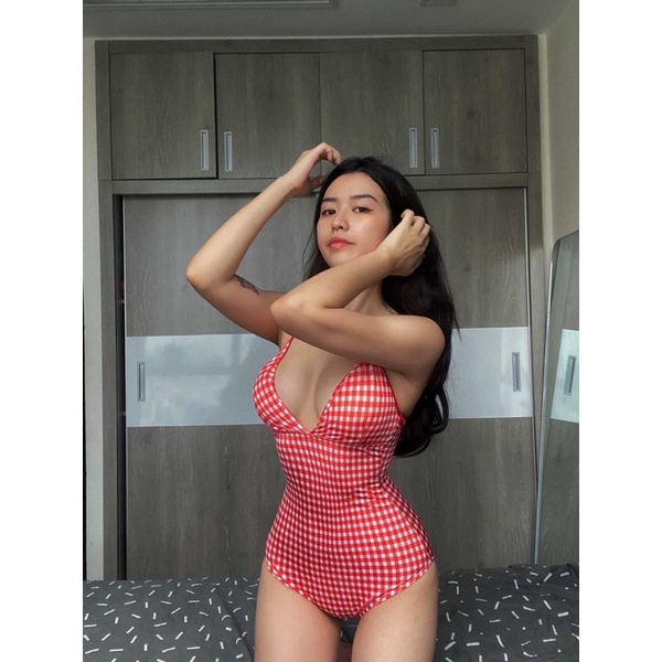 Bkn 1 mảnh caro vintage đen/đỏ