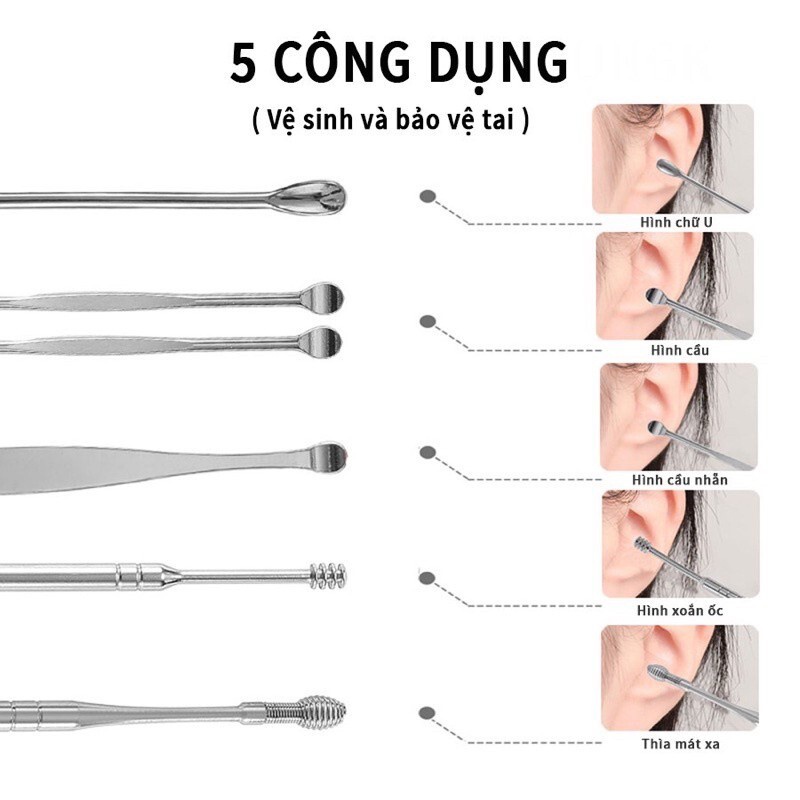 Bộ 6 Dụng Cụ Lấy Ráy Tai, Ngoáy Tai Bằng Thép Không Gỉ Có Móc Treo Chìa Khóa - TESOVN