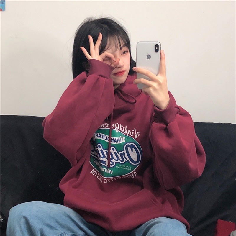 ZHELIHANGFEI  Áo Hoodie Dáng Rộng In Chữ Cá Tính Trẻ Trung