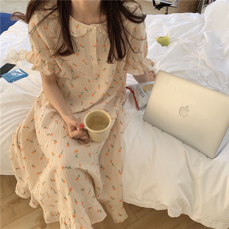 Đồ ngủ Công Chúa Dài Qua Gối Chất Liệu Cotton Phối Lưới Phong Cách Hàn Quốc