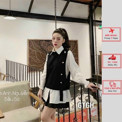 Áo sơ mi trắng chun tay nữ kèm gile len nâu đen công sở ulzzang Hàn Quốc