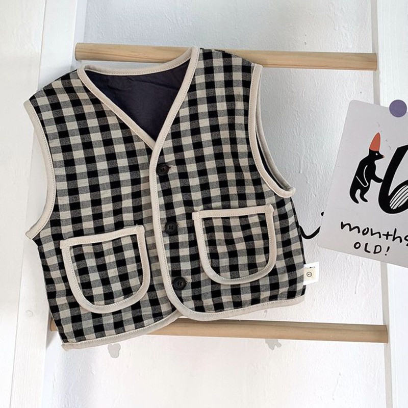 Áo ghi lê Cardigan không tay vải lông cừu cotton họa tiết kẻ sọc cổ chữ V ấm áp thời trang cho bé