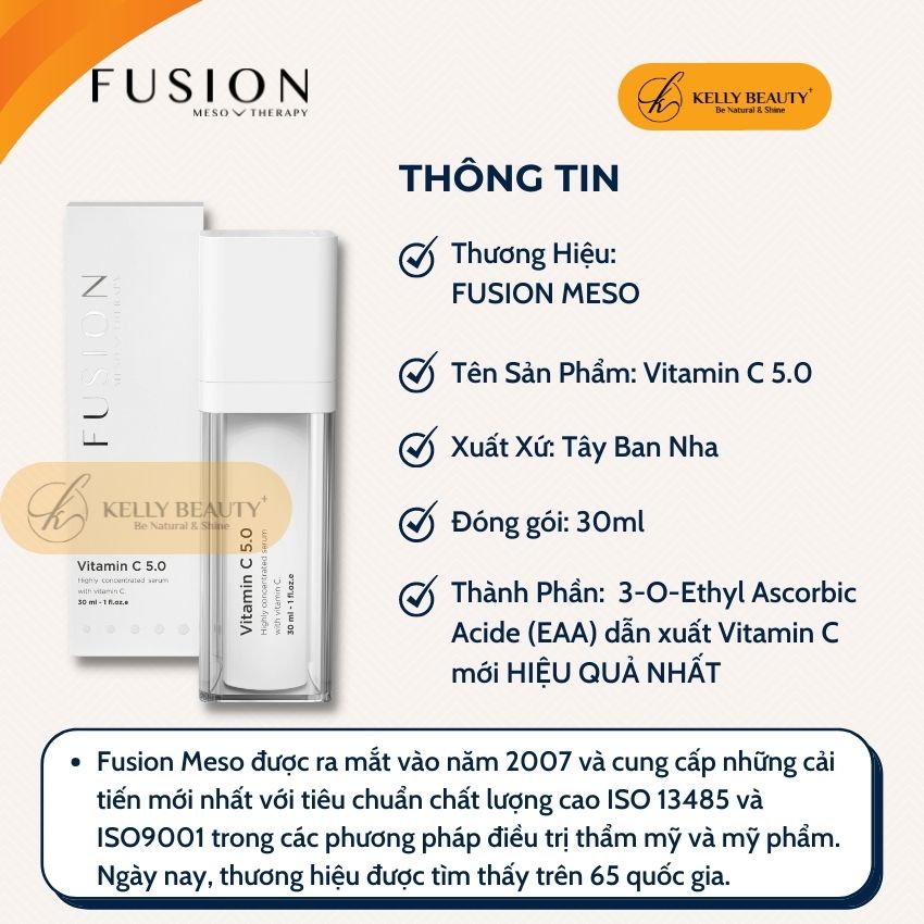 Serum Vitamin C 5.0 FUSION 30ml - Làm Sáng Da, Chống Lão Hóa; Tăng Sinh Collagen, Ức Chế Melanin, Giảm Nám |Kelly Beauty