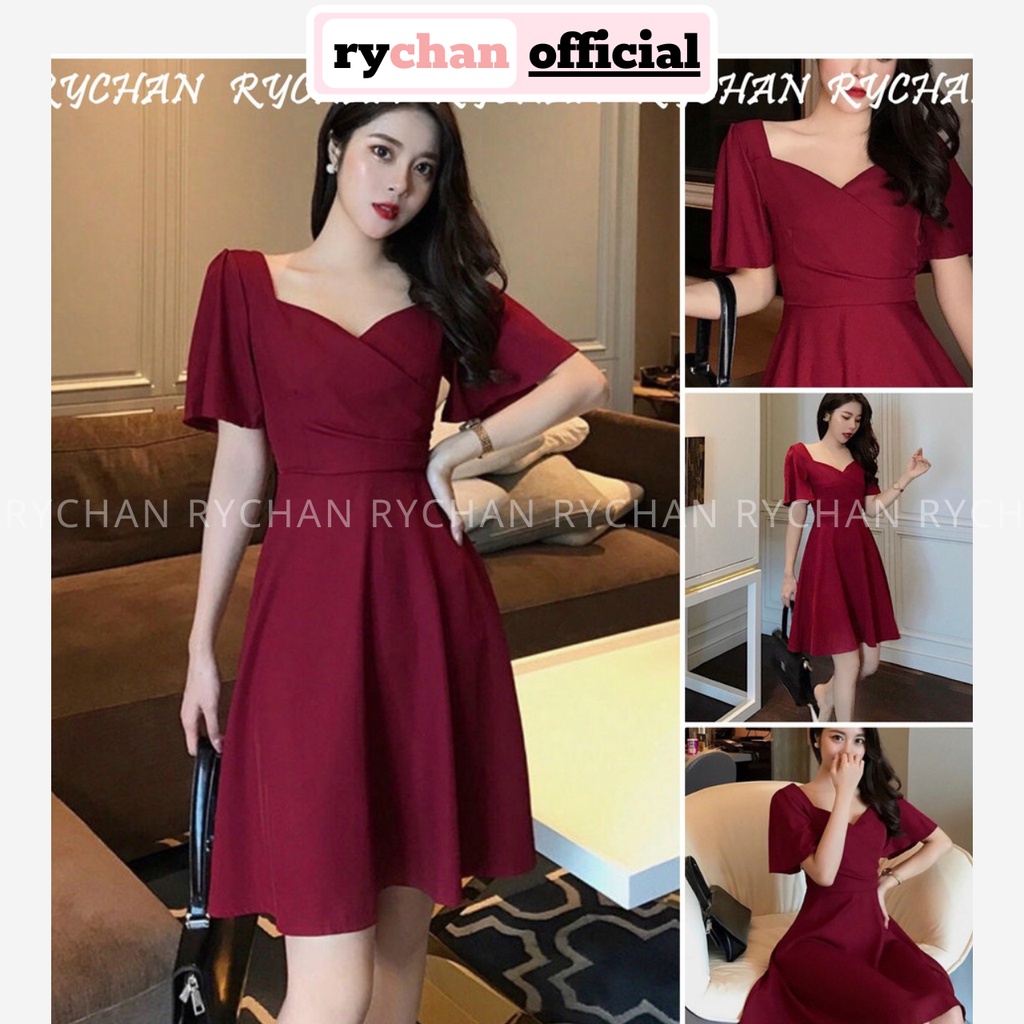 Đầm Xòe Đỏ Rượu Tay Loe Đắp Chéo Thục Nữ - DX551