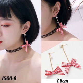 H19 Bông tai nơ kẻ caro dáng thả