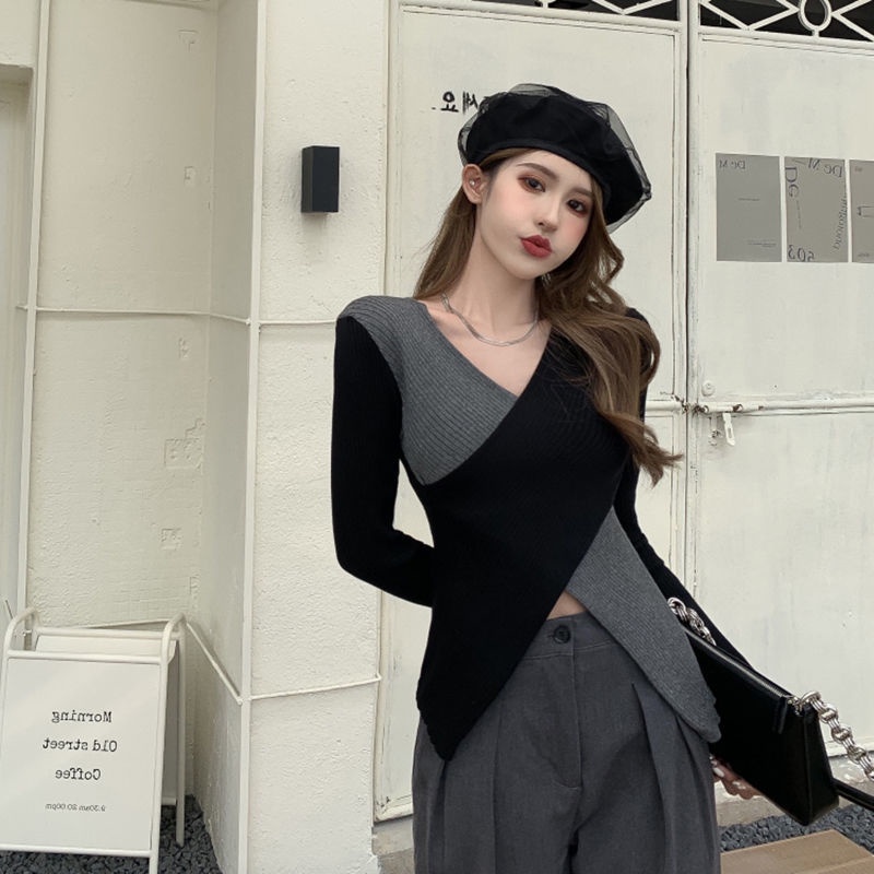 COZOK Áo Len Tay Dài Cổ Chữ V Vạt Chéo Ôm Dáng Thời Trang Dành Cho Nữ