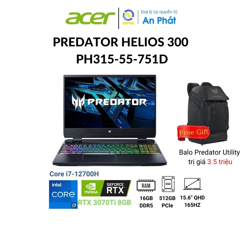 [Mã ELCL12 giảm 12% đơn 10TR] Laptop Acer Predator Helios 300 PH315-55-751D ( i7-12700H + RTX 3070Ti 8G)