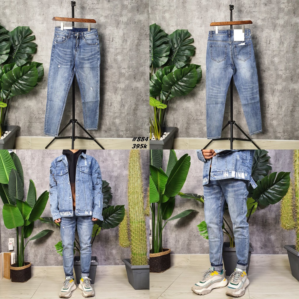 Quần jean nam W2P jeans xanh bụi wash rách cá tính 884