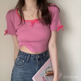 Áo sweater Tay Ngắn Cổ Tròn Thắt Nơ Màu Trơn 4D Phong Cách Hàn Quốc Thời Trang Mùa Hè Mới Cho Nữ