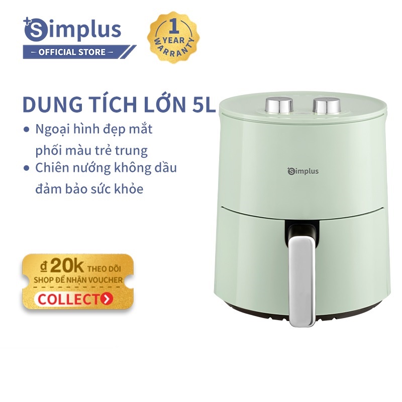 【New Arrival】Nồi chiên không dầu Simplus 5L dung tích lớn chiên nướng đa năng không dầu mỡ Tặng kèm vỉ nướng