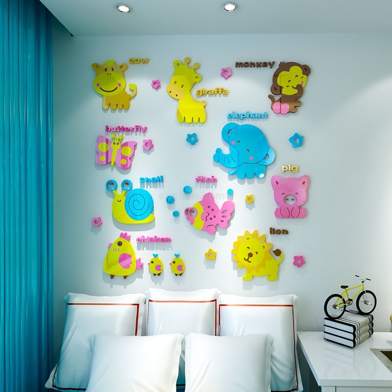 Tranh dán tường mica 3d decor khổ lớn bảng chữ cái các con thú trang trí mầm non, phòng cho bé Nhiều Size - EPeBen